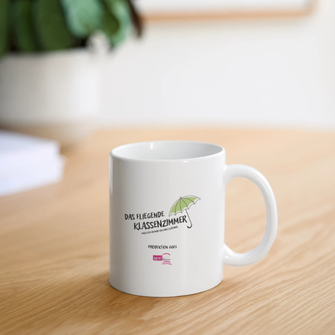 Kaffeetasse, weiß, mit Beschriftung "Das fliegende Klassenzimmer"